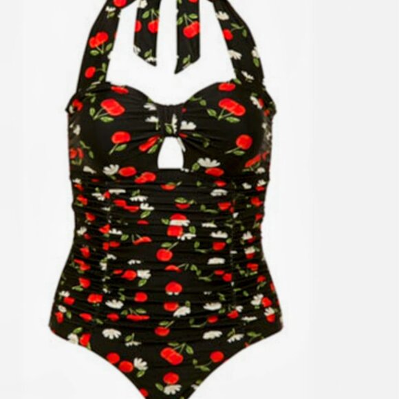 Torrid's Retro Inspired Sexy Sz 3 Black Cherry Rushed Halter One Piece Swimsuit - Picture 2 of 13